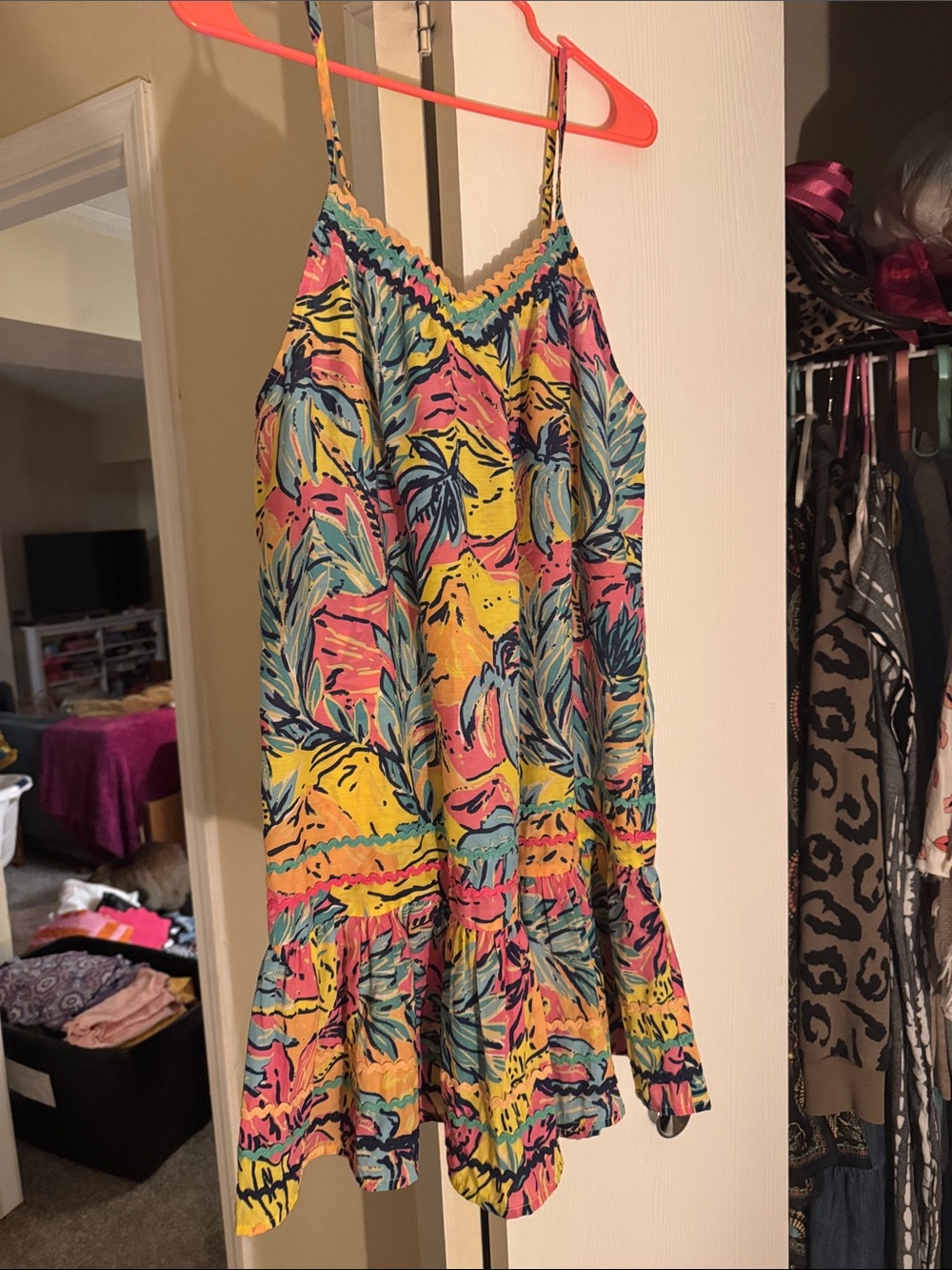 Girls' Tropical Pattern Spaghetti-Strap Dress - Pink, Yellow & Blue